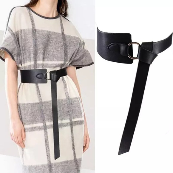 Stylish Black Semi Shine Faux Leather Loop Tie Belt - Picture 2 of 4